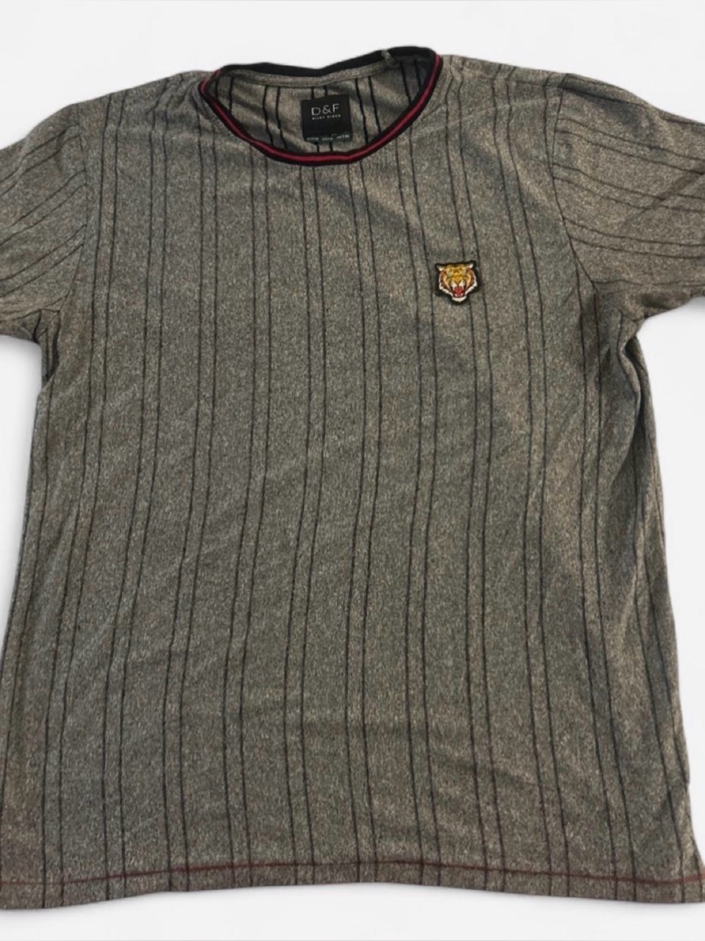 Men's Gray Pinstripe Short Sleeve Tee with Tiger Patch